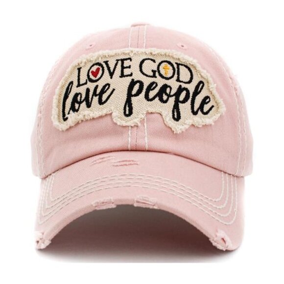 Womens Love God Love People Heart Vintage Baseball Cap Hat in Distressed Pink - Picture 1 of 2